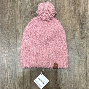 Coach Pink Textured Beanie with Pom Pom